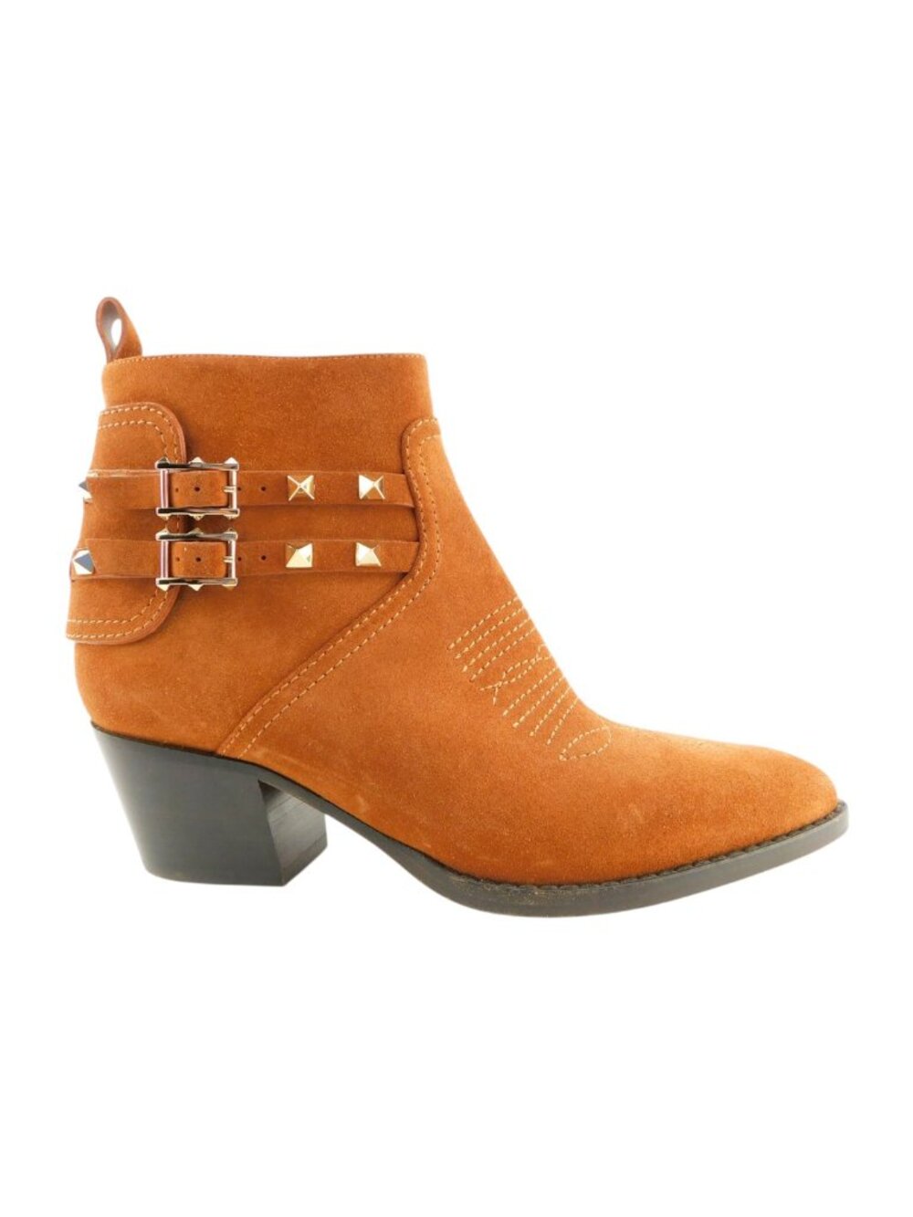 New VALENTINO Rockstud Brown Suede Leather Western Buckled Block Hee Bootie 37